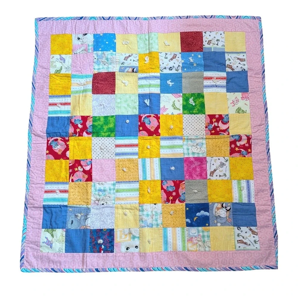 Handmade‎ Patchwork Baby Quilt Multi Color Animal Floral Reversible 34x37